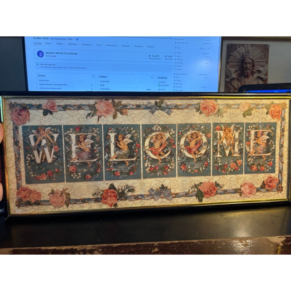 Vintage Victorian Angel/ Cherub Welcome Print In Gold Frame 20"in X 8.25in Roses